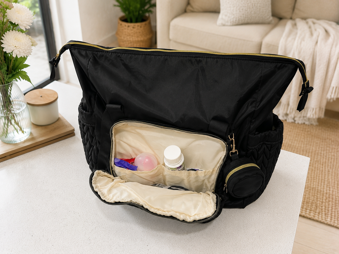 An open black diaper bag with gold trim and cream-colored interior pockets, shown on a white table in a bright living room setting.
