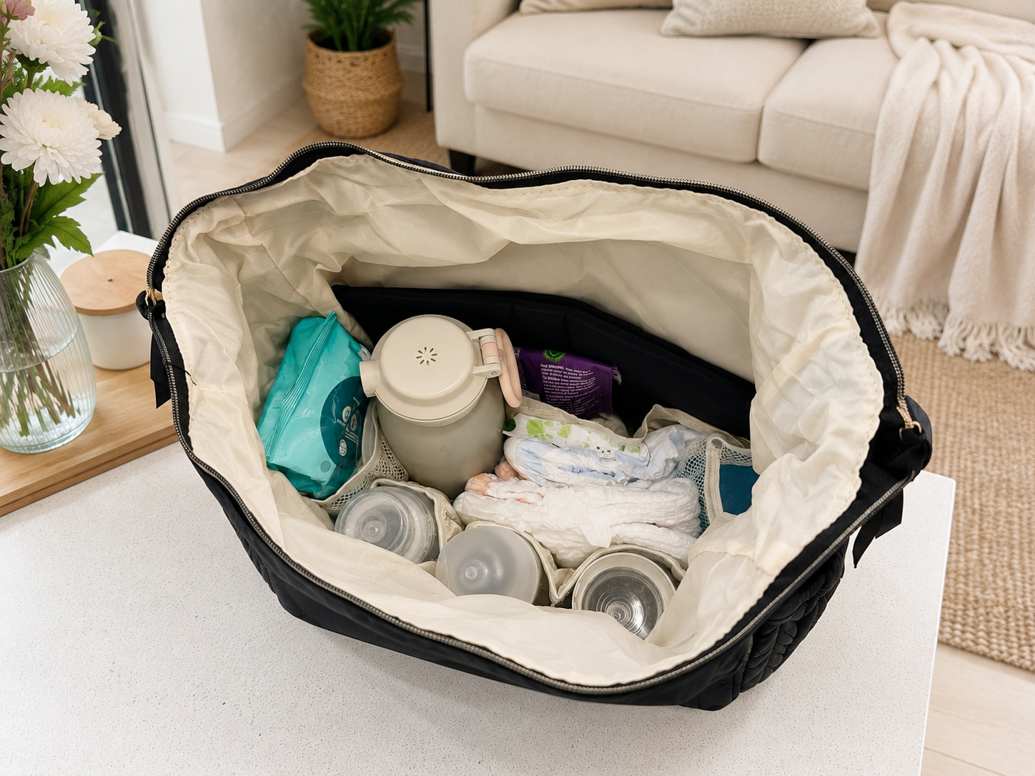 An open black diaper bag with a cream interior, shown on a white table in a bright living room. Inside the bag are baby bottles, a bottle warmer, diapers, wipes, and other baby items.